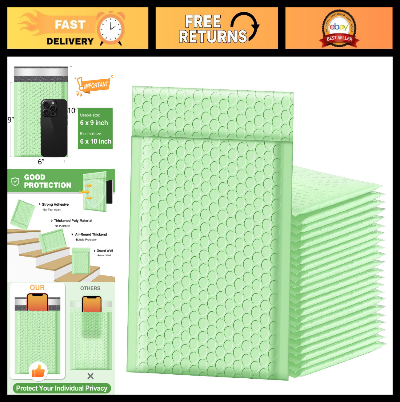 Mint Green Bubble Mailers 6x10\