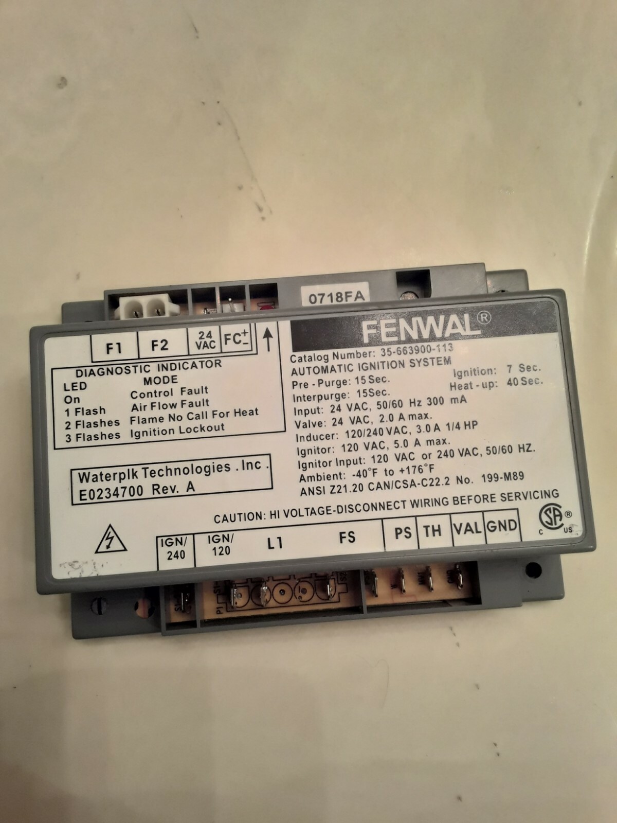 FENWAL 35-663900-113 Automatic Ignition System E0234700 REV. A