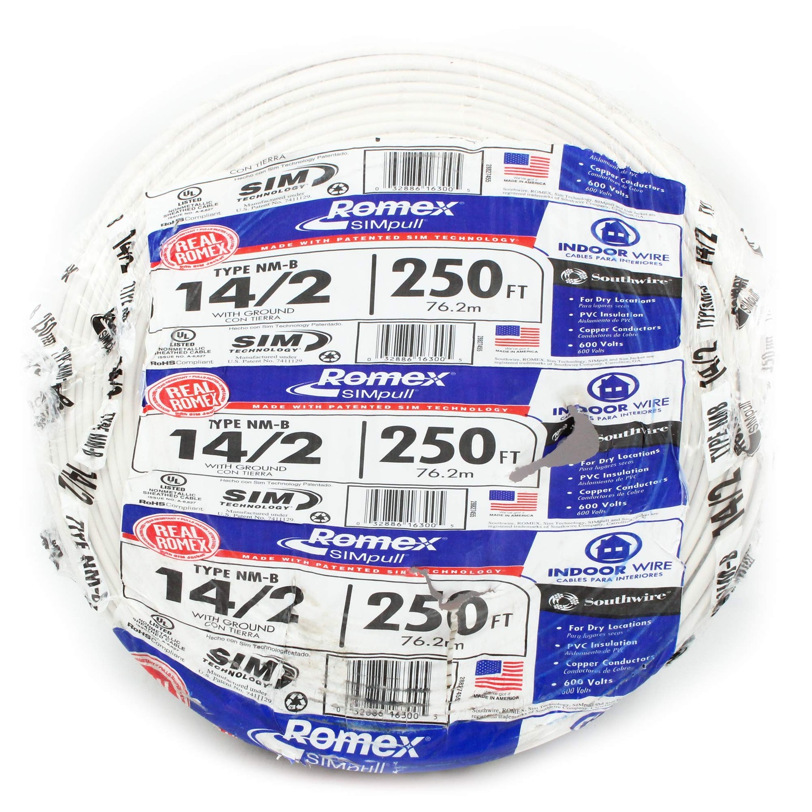 SOUTHWIRE Company #28827455 250' 14/2 W/G NM Indoor Cable, for Unit, White