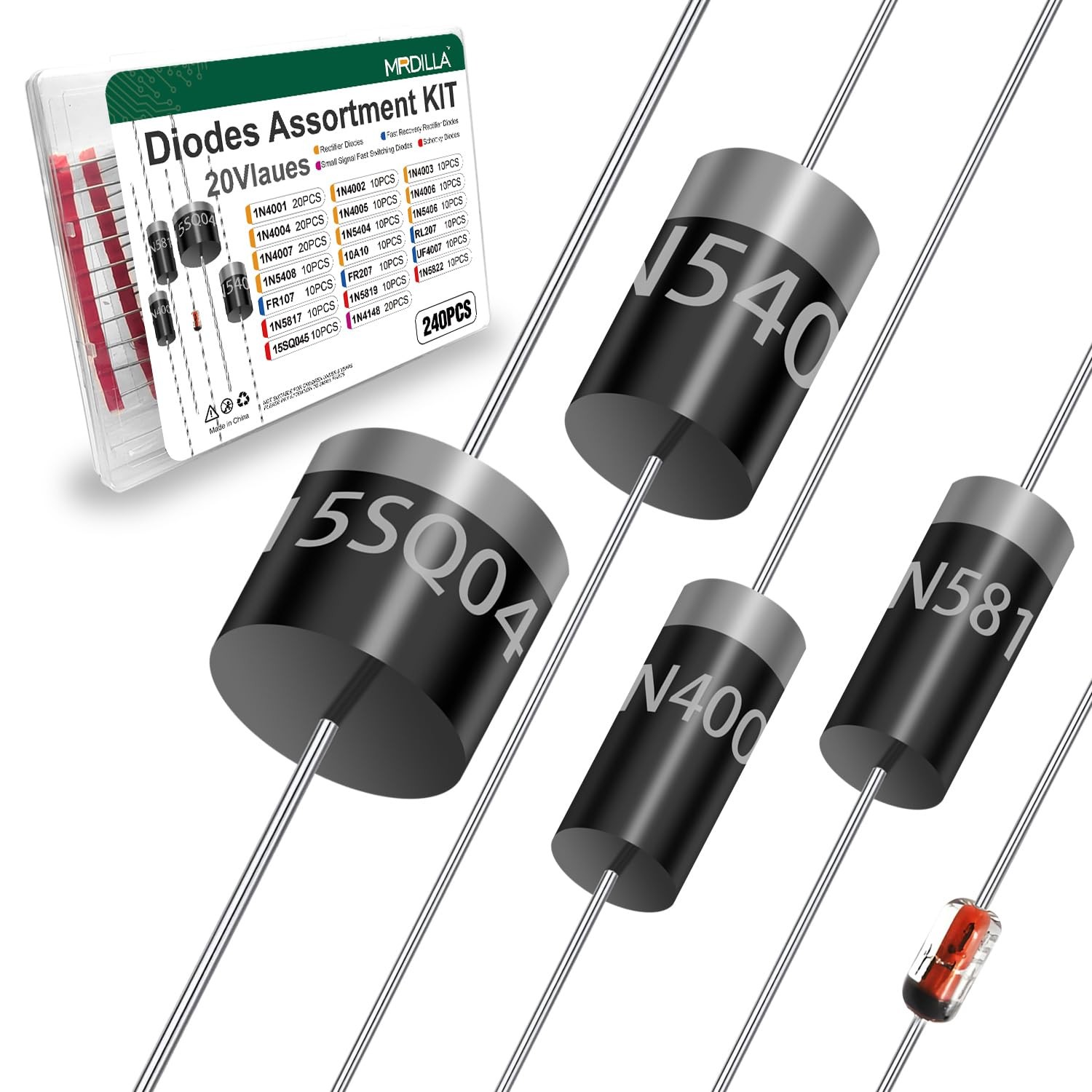 240PCS Diode Assortment Kit, 20 Values Rectifier & Schottky Diodes