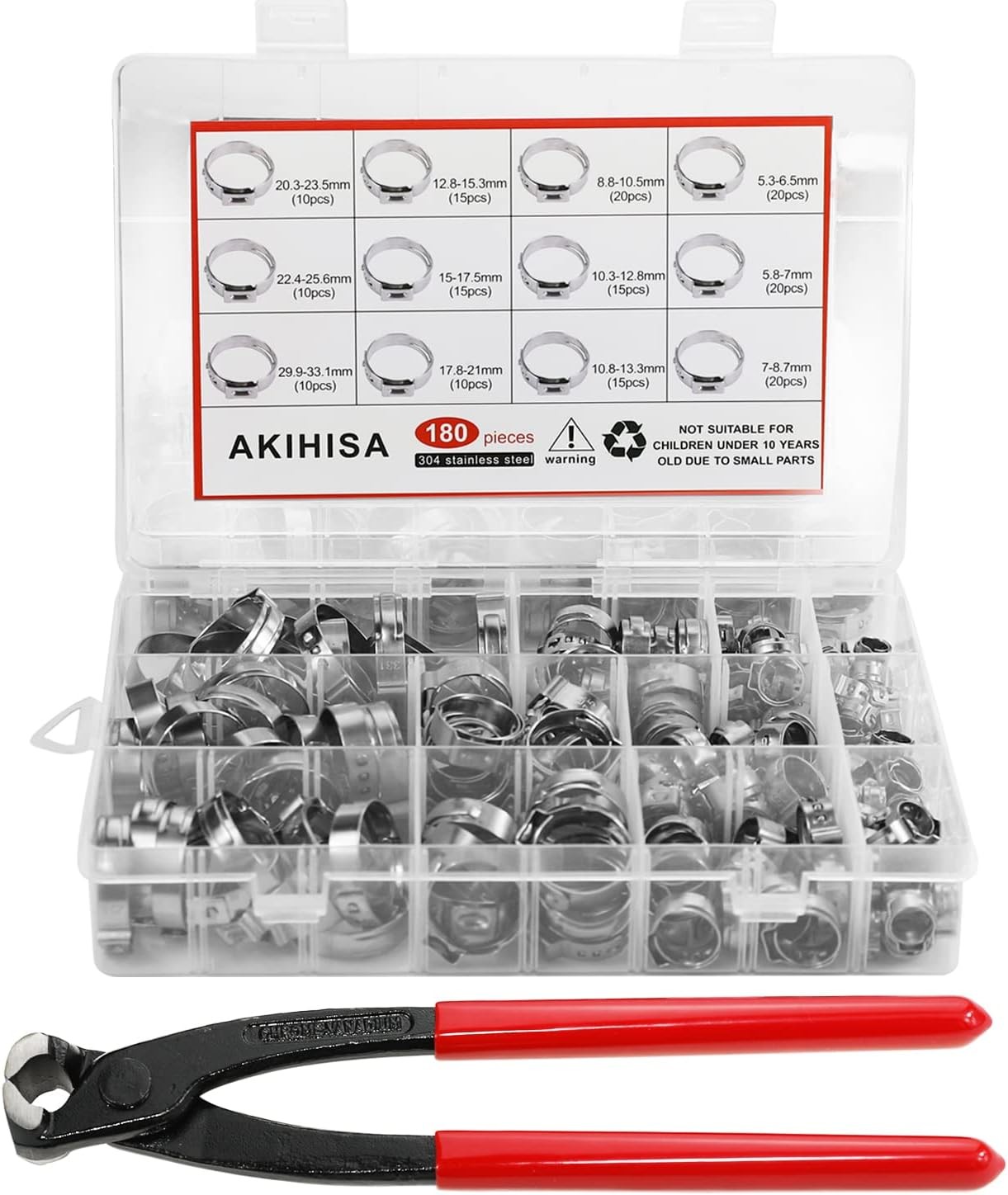180pcs Pex Pinch Clamp Assortment Kit, 12 Sizes Hose Clamps w/ Ear Clamp Pliers