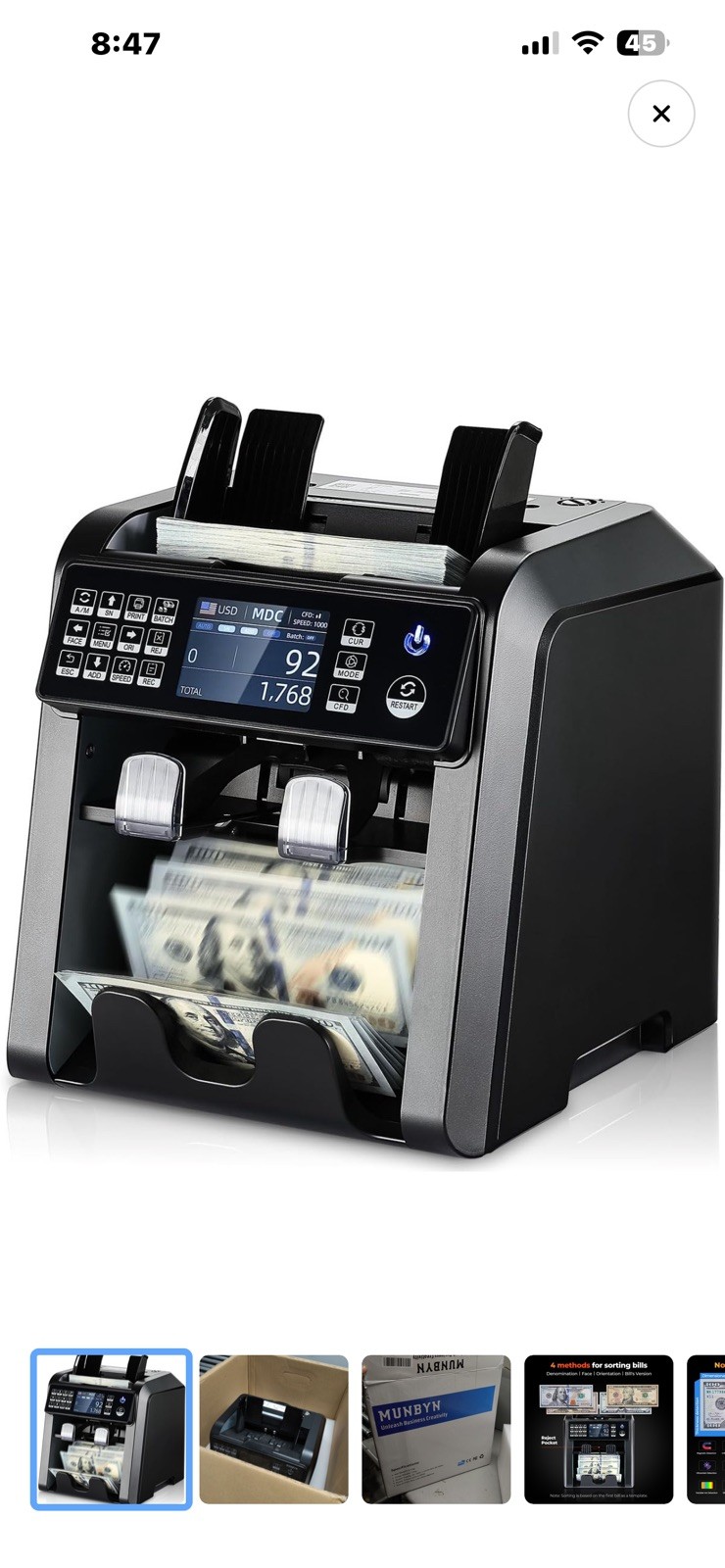 MUNBYN IMC08 Dual Money Counter Machine Mixed Denomination with Reject Pocket