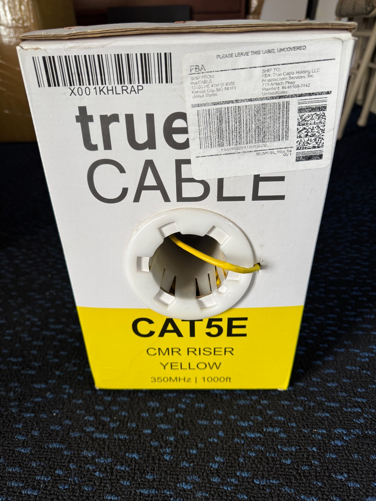 trueCABLE Cat5e Shielded Riser CMR 1000ft Yellow 24AWG Solid Bare Copper 350Mhz