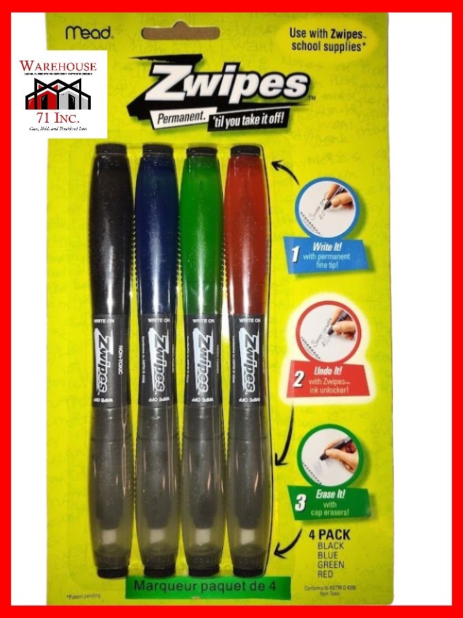 Vintage NEW  Mead Zwipes Permanent Erasable Pens 4 Pack Rare Buy 1 Get 1 Free
