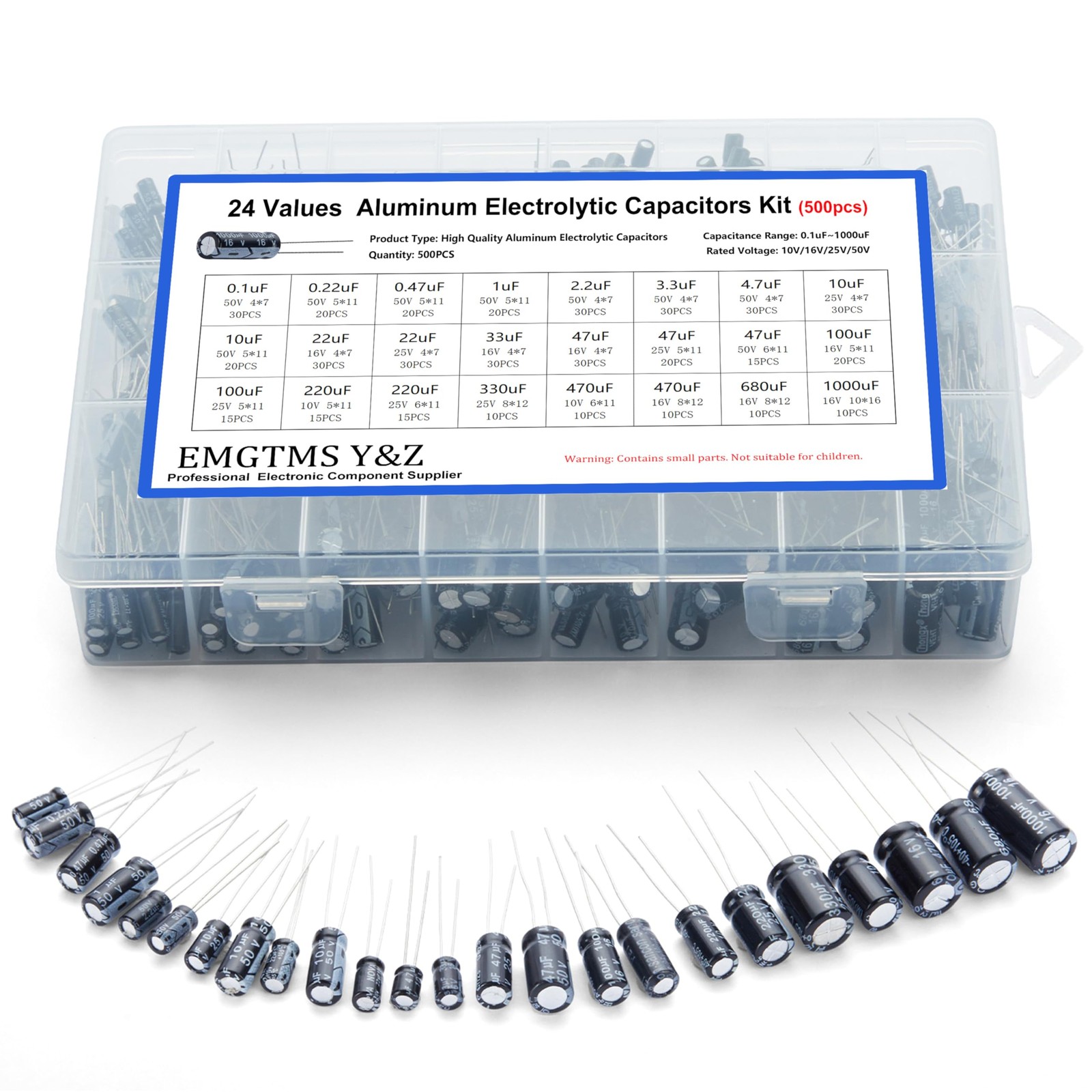 500pcs 24-Value Aluminum Electrolytic Capacitors Assortment Kit