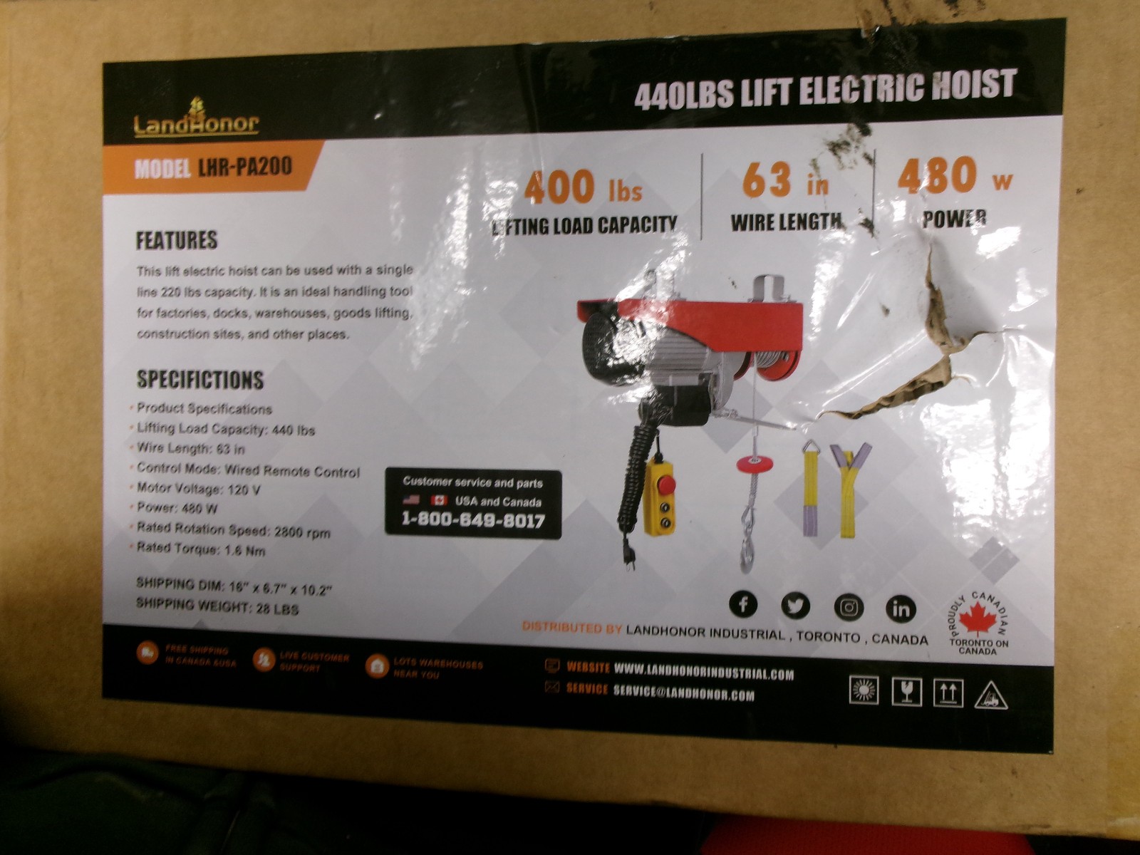 LANDHONOR MODEL LHR-PA200  440 LBS LIFT ELECTRIC HOIST NEW #K1C