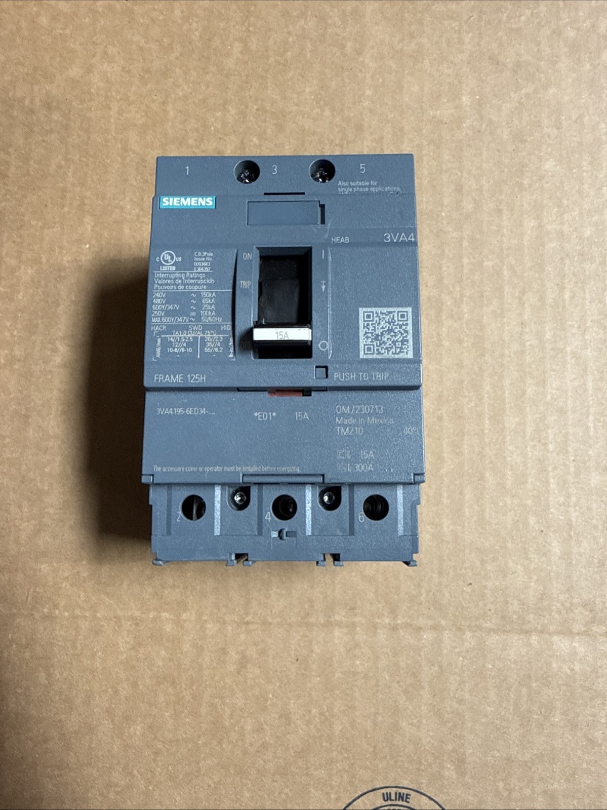 New - Siemens 3VA4195-6ED34-0AA0 15 Amp 600Y/347 VAC 3 Pole Type 3VA4 Breaker New - Siemens 3VA4195-6ED34-0AA0 15 Amp 600Y/347 VAC 3 Pole Type 3VA4 Breaker