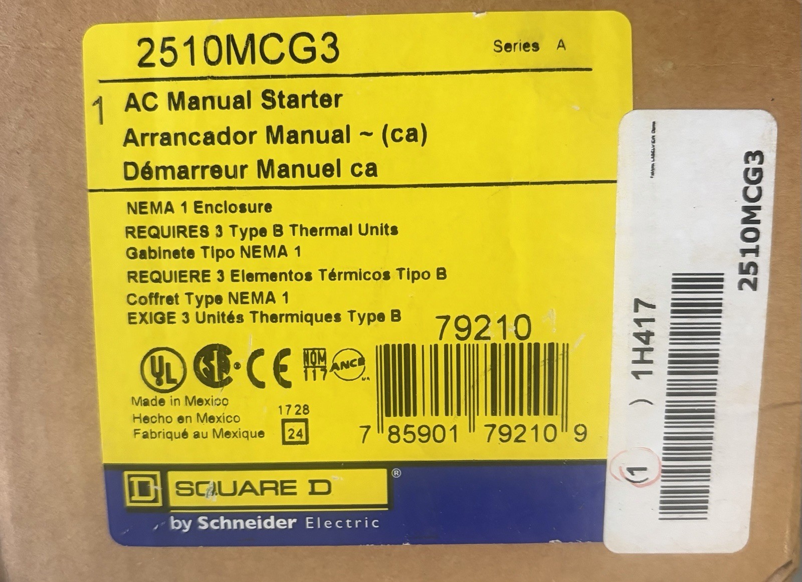 NIB - Square D - 2510MCG3 - Manual Starter, 3 Pole, 10Hp At 380/575Vac, 3 Phase
