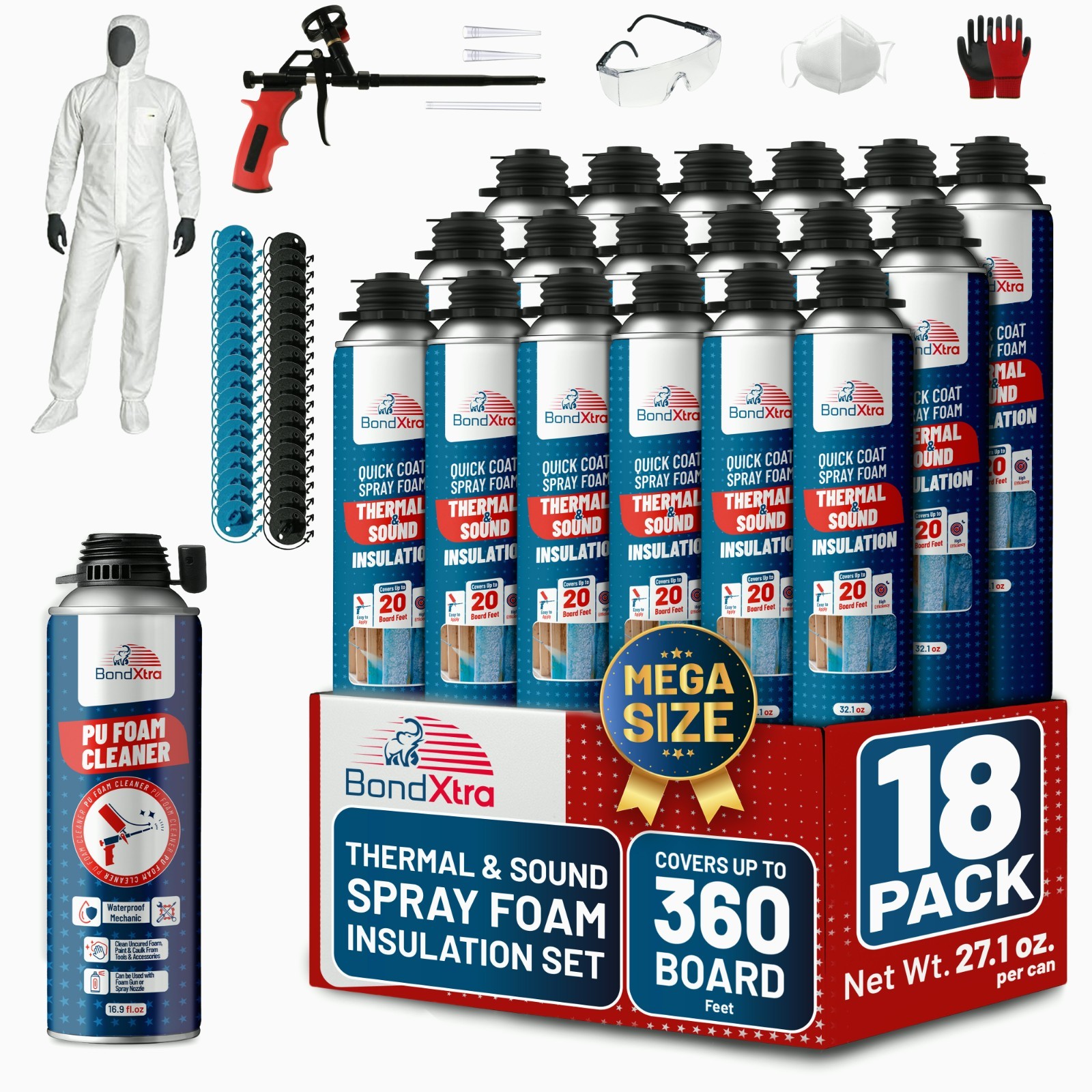 Spray Foam Insulation Kit (18 x 32.80 oz/930 gr -360 Board feet) Self-Expanding
