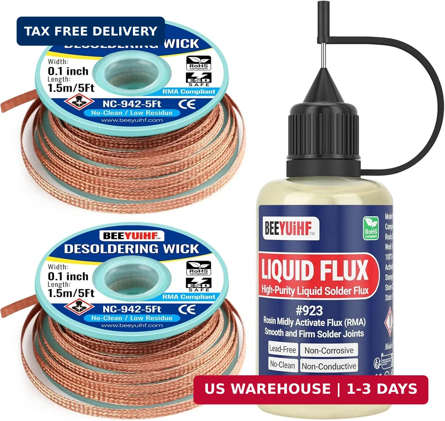 RMA Rosin Liquid Solder Flux Dropper (30 ml/1 Oz.) & No Clean Desoldering Wick B