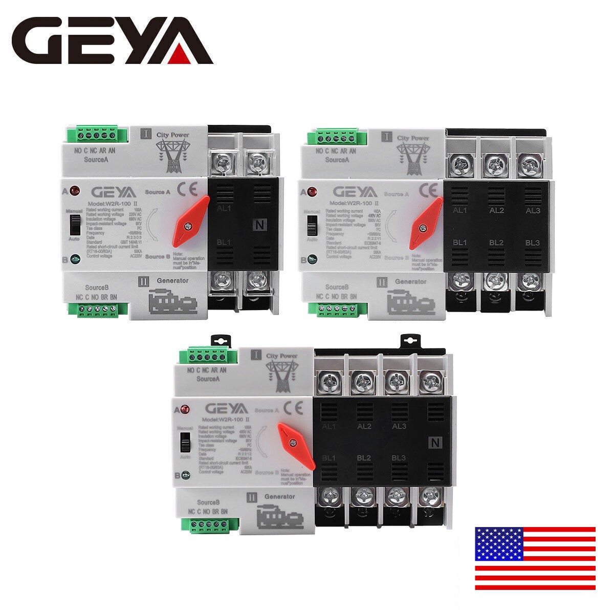 GEYA Dual Power Automatic Transfer Switch Grid to Alternator2/3/4P 100A 220/110V