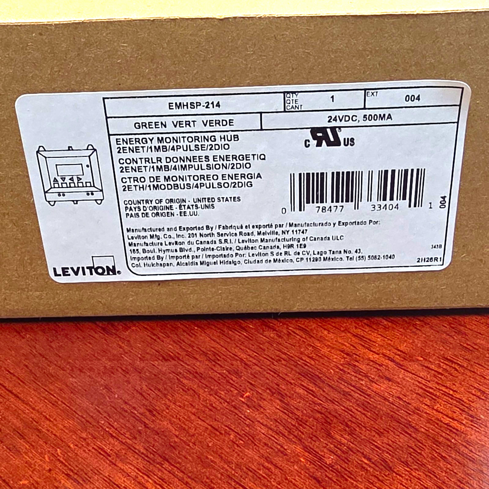 Leviton Energy Monitoring Hub EMHSP-214 Modbus RS-485 24V DC Green