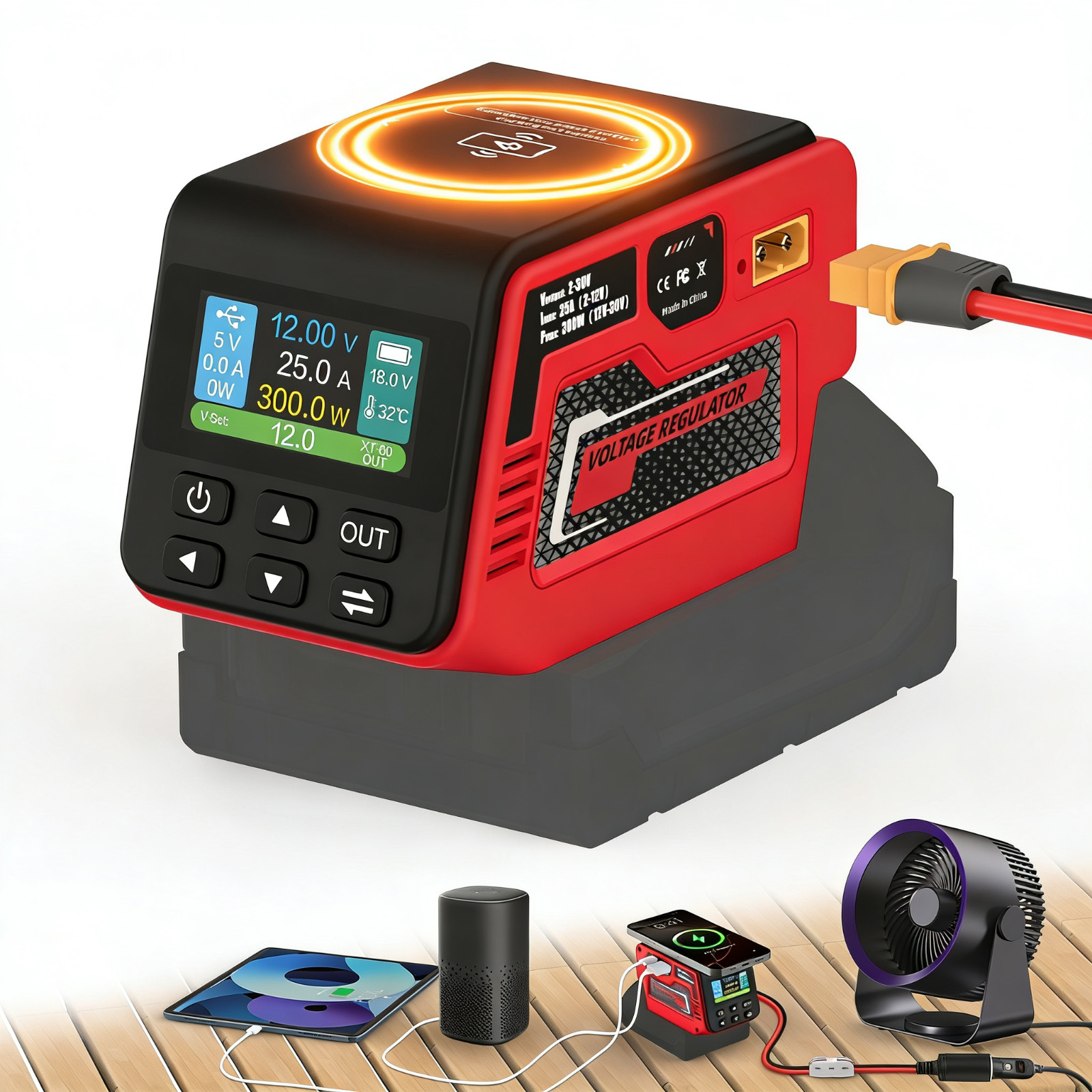 300W Voltage Regulator 2-30V DC Output Compatible with Milwaukee 18V Battery
