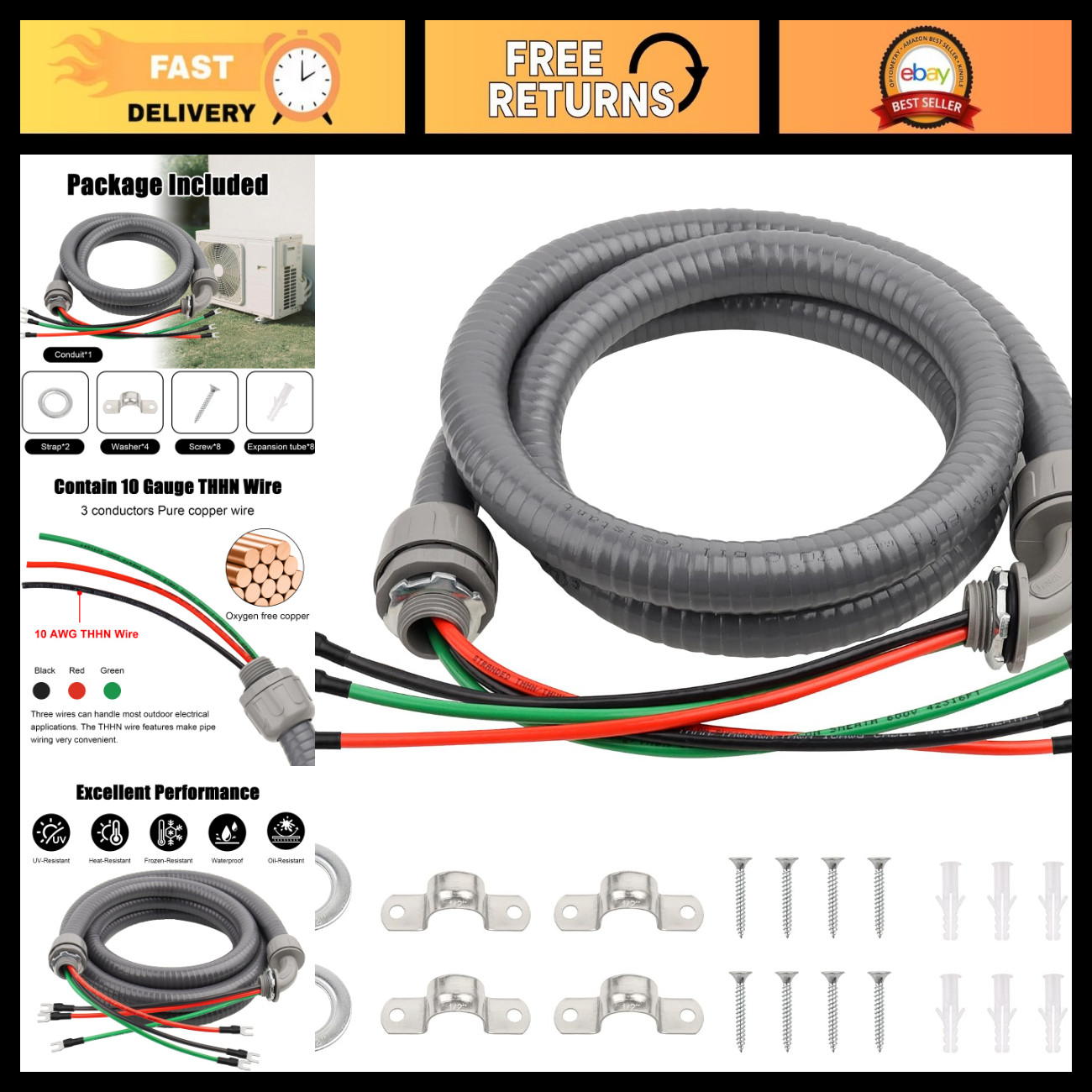 6FT Non-Metallic Liquid Tight Electrical Whip Kit, 10/3 Gauge THHN Wire for HVAC 6FT Non-Metallic Liquid Tight Electrical Whip Kit, 10/3 Gauge THHN Wire for HVAC
