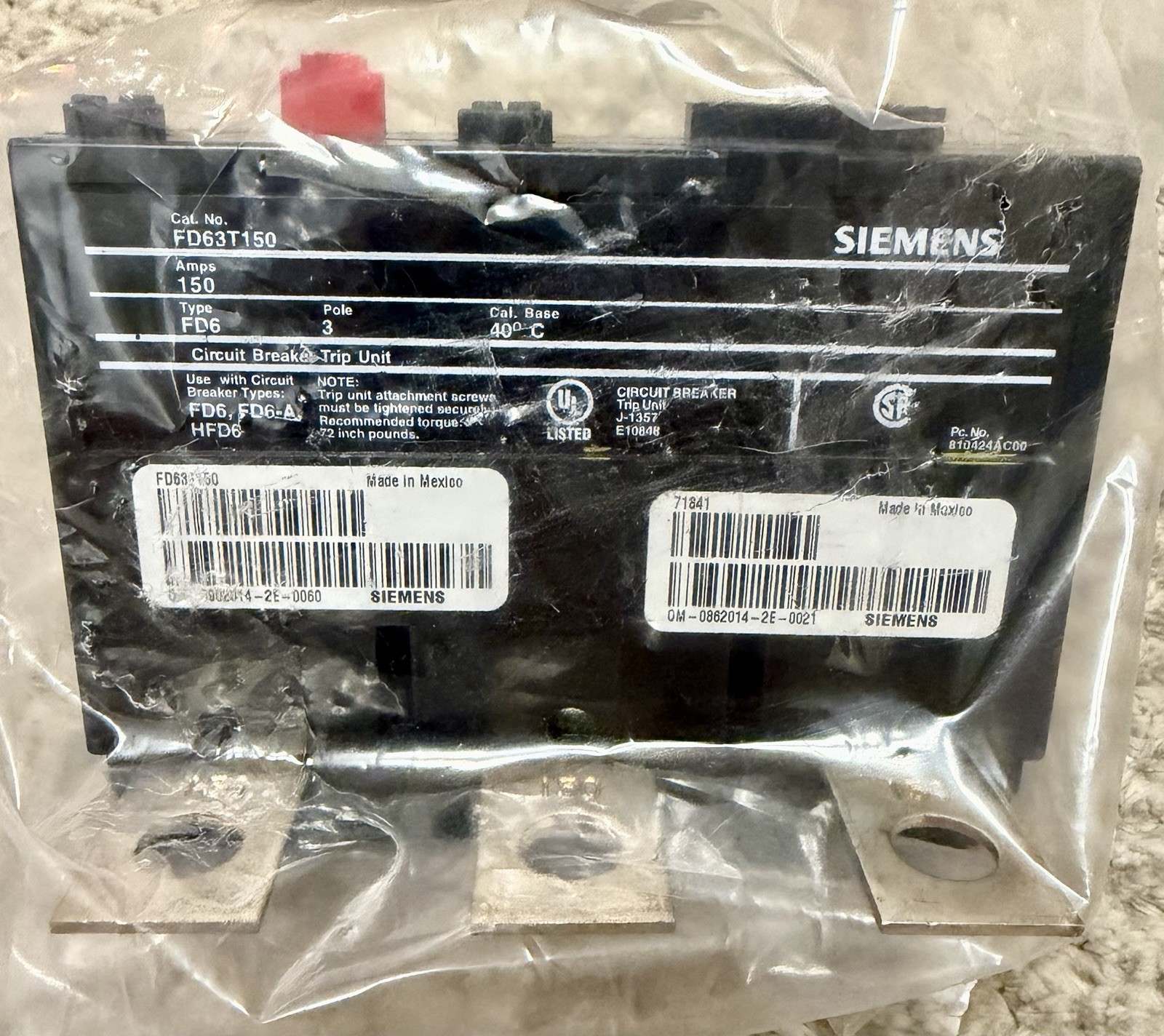 SIEMENS FD63T150 150 amp 600v 3 Pole Trip Unit NOS-Missing Original Box