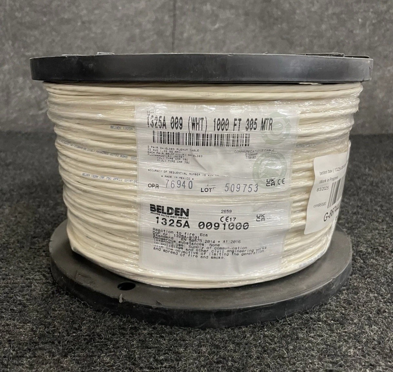 BELDEN BRAND NEW CABLE-1325A 009 1000–Two Pairs-Shielded-Plenum-White-1000’ Reel