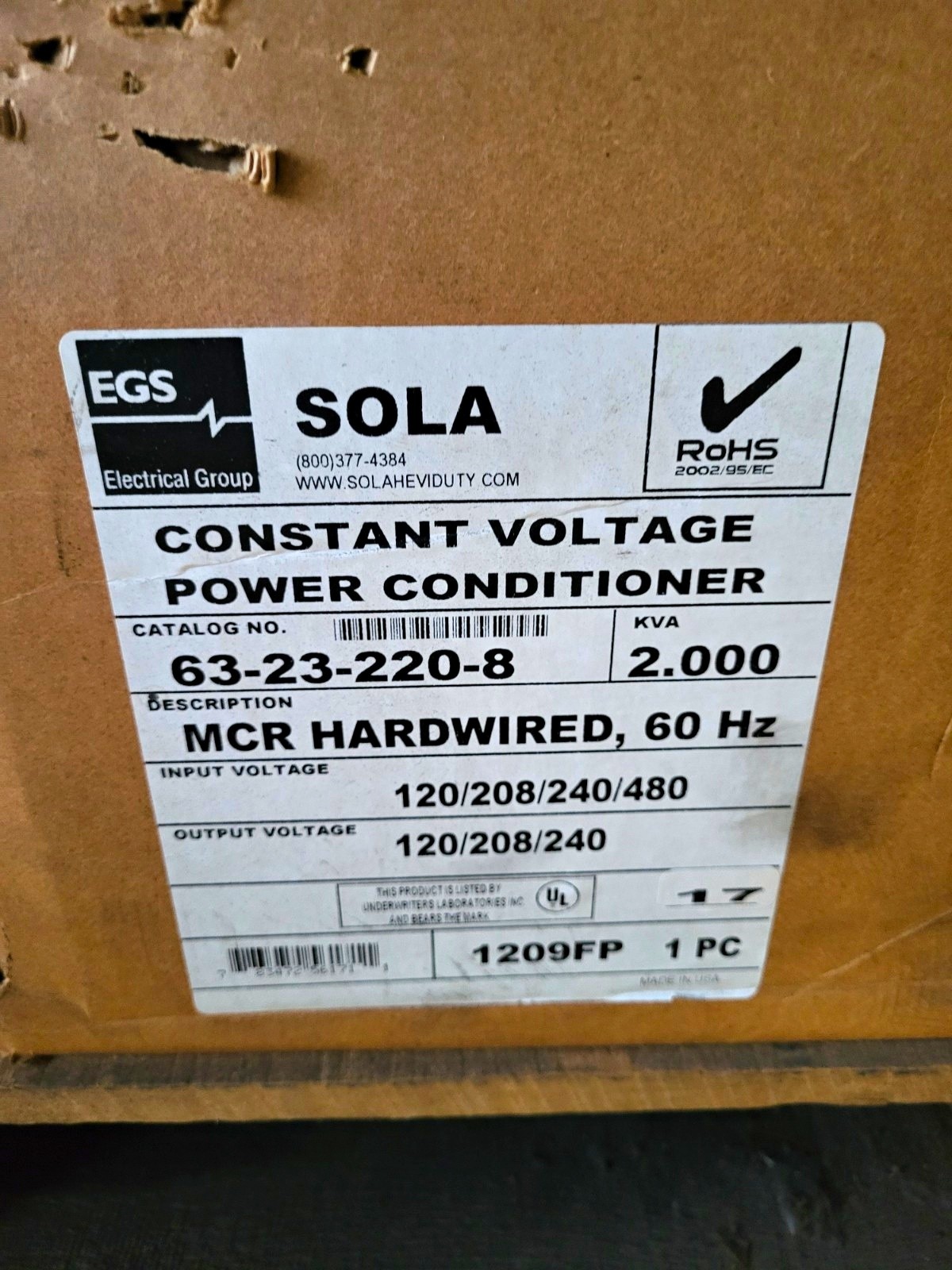 Sola MCR 63-23-220-8 2000VA 60Hz Constant Voltage Conditioner Hardwired