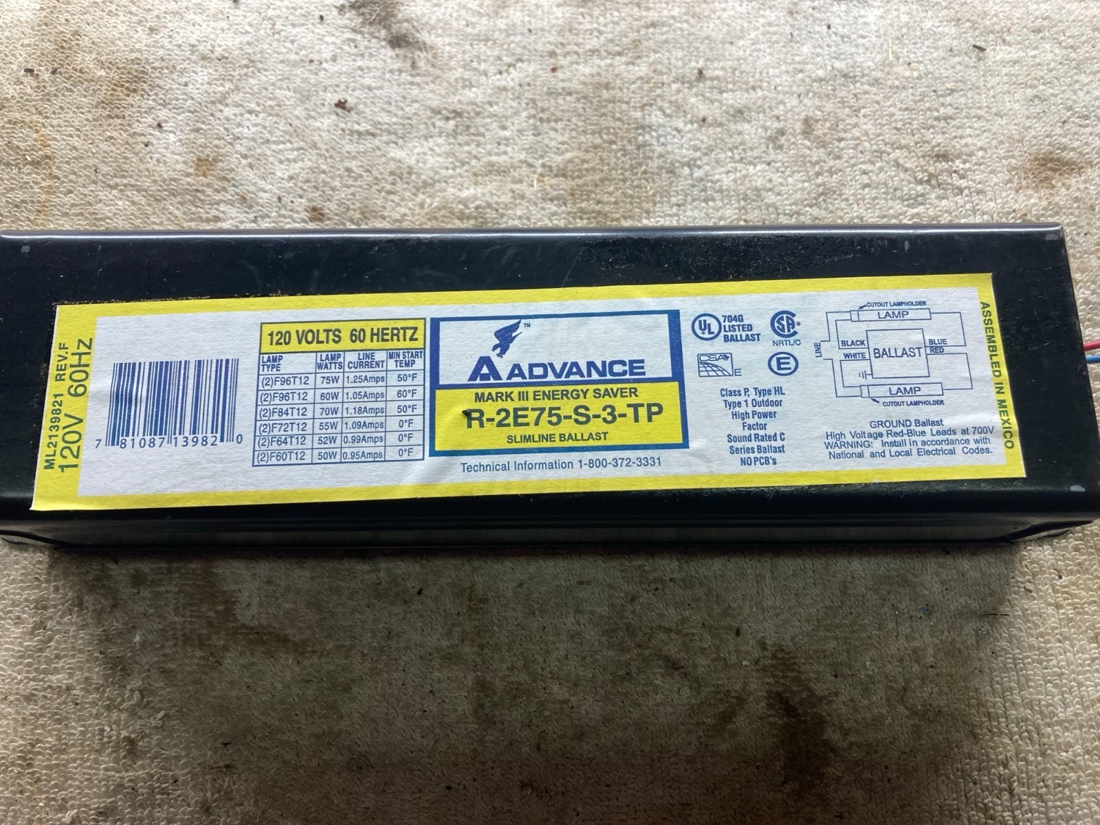 Advance Mark III energy saver ballast R-2E75-S-3-TP    ----  2 units available--