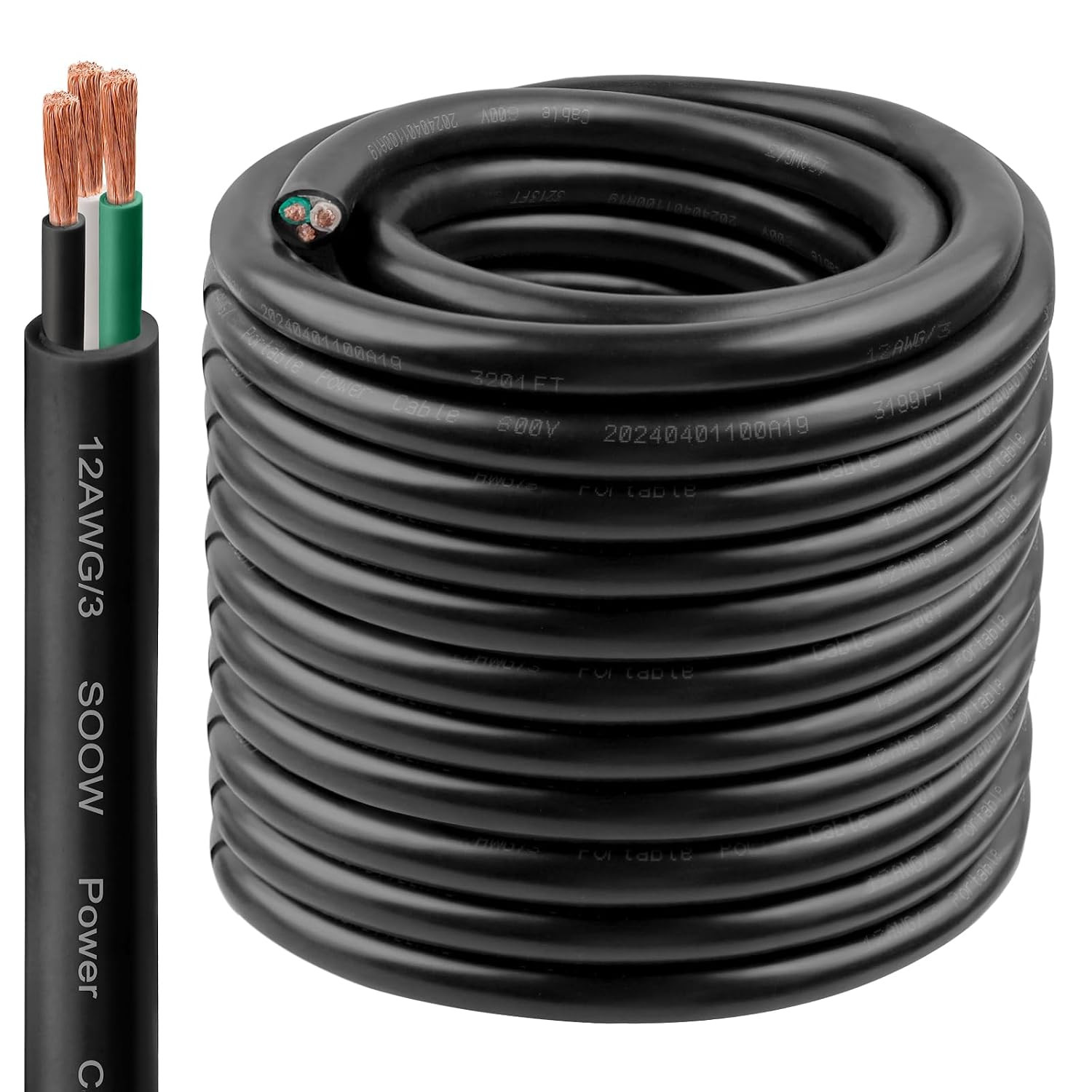 12/3 SOOW Wire 100FT, 12 AWG 600V SOOW Bulk Cable, 12 Gauge 3 Conductor Portable