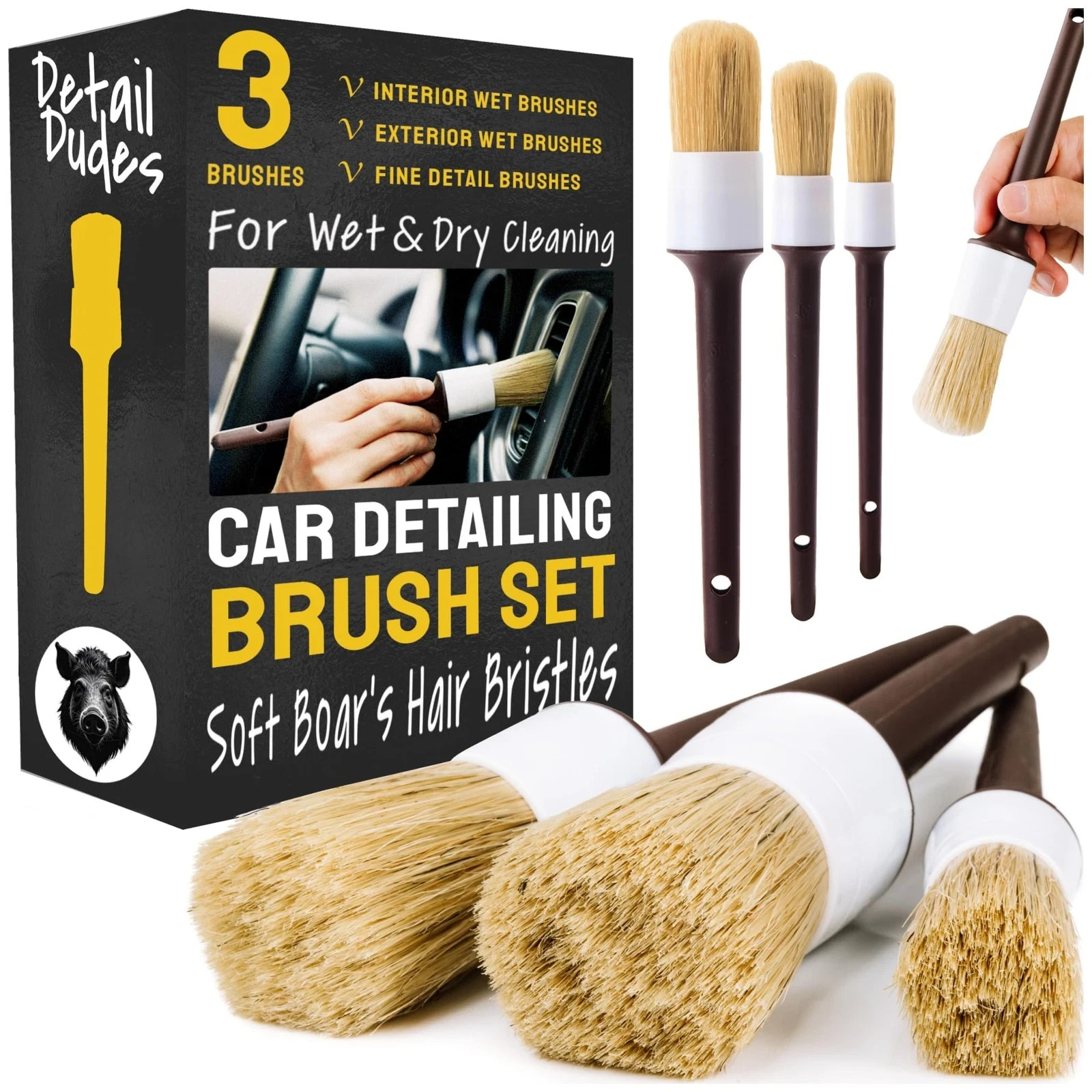 Car Detailing Brush Set 3-Pack - Soft Boar Hair 3 Pack(Starter), Brown