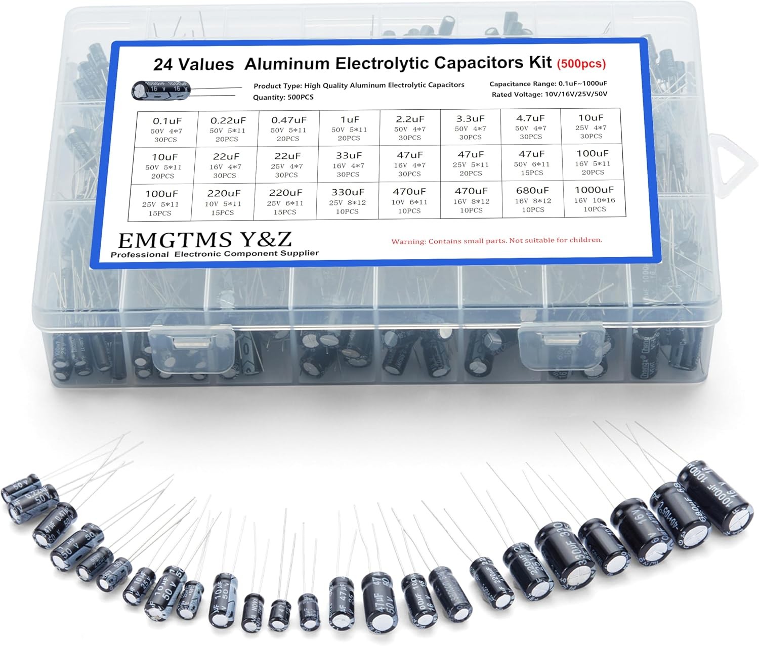 500pcs 24-Value Aluminum Electrolytic Capacitors Assortment Kit with Storage Box
