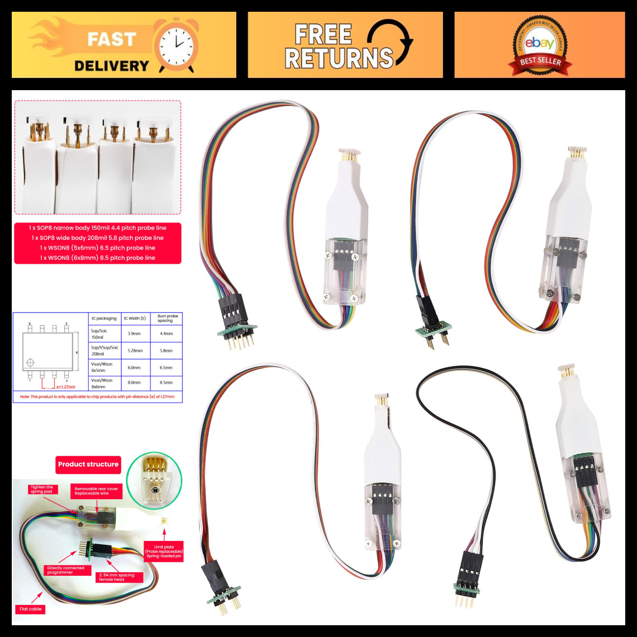 4PCS SOIC8 SOP8 WSON Chip Programmer Probe Spring Needle Flash EEPROM Cable