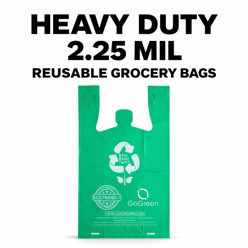 Heavy Duty Green Grocery Bags 2.25 Mil Reusable T-Shirt Bags 1/6 Size