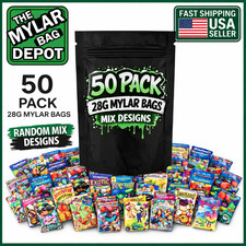 50 Pack 28g Mylar Bags Assorted Designs Smell Proof 1oz Resealable Zip Pouches picture