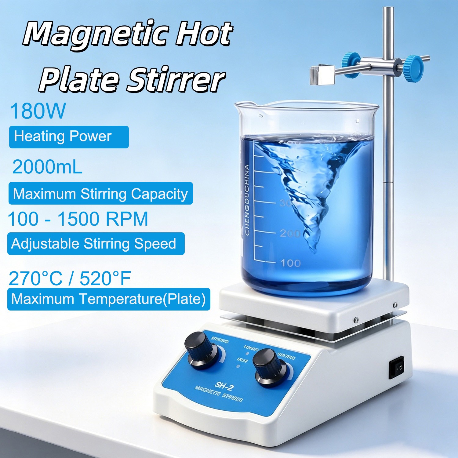 Magnetic Stirrer Hot Plate, Max Temp 520°F, 100-1500RPM with Stir Bar,Stand 2L