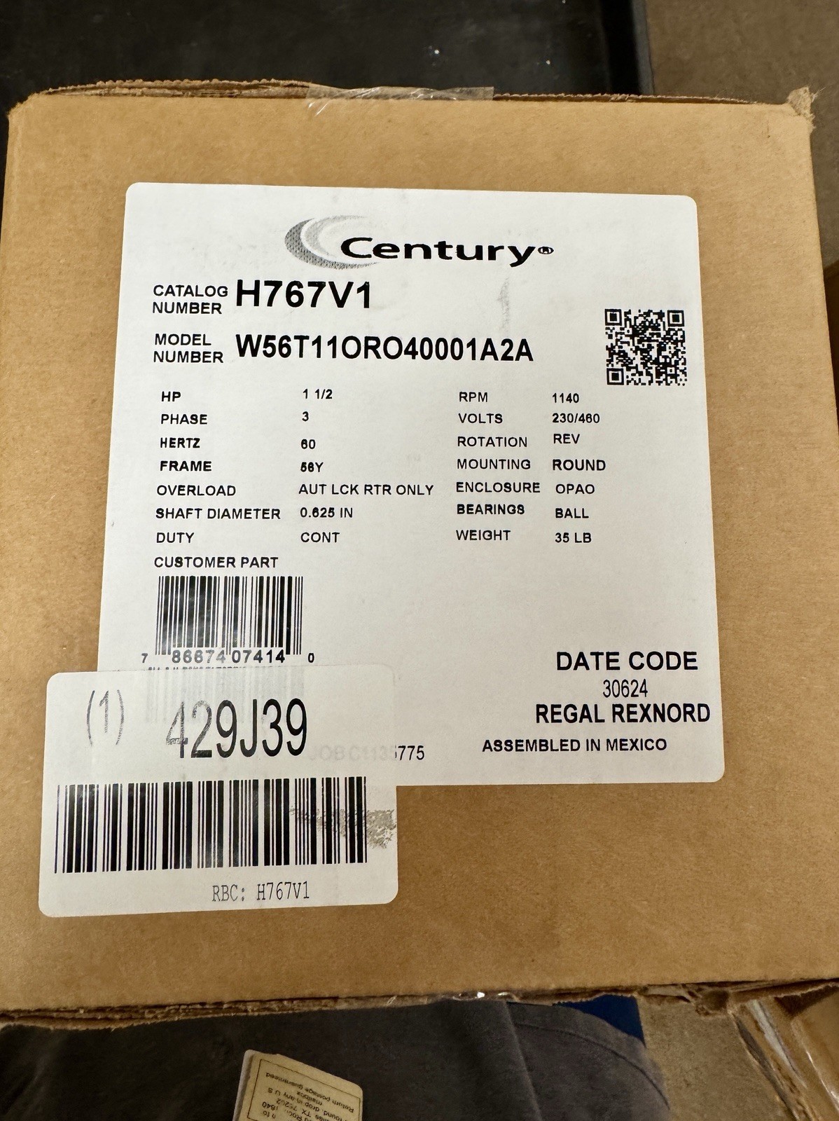 CENTURY H767V1 Condenser Fan Motor