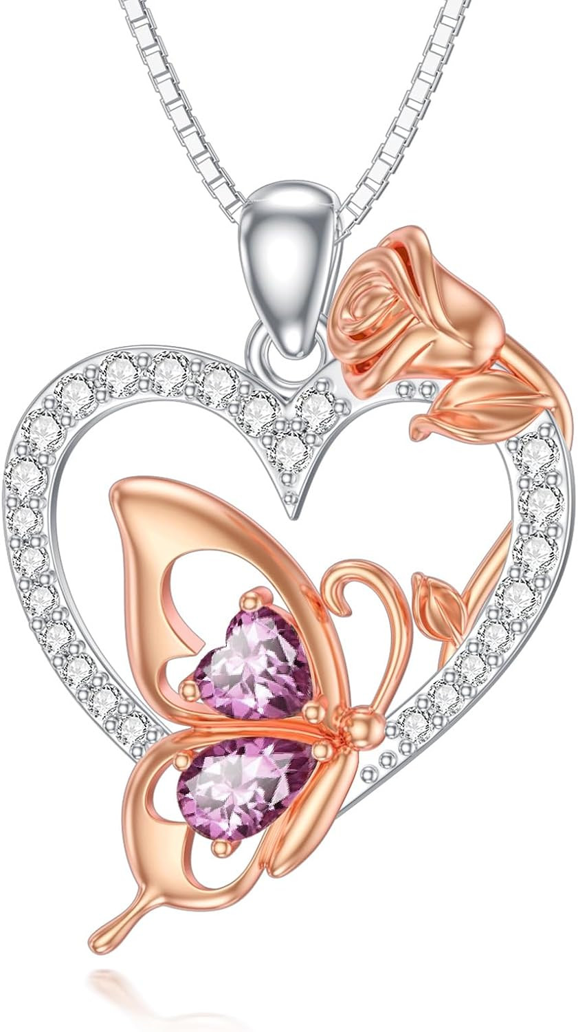 Butterfly Heart Necklace for Women 925 Silver Crystal Birthstone Zircon Pendant