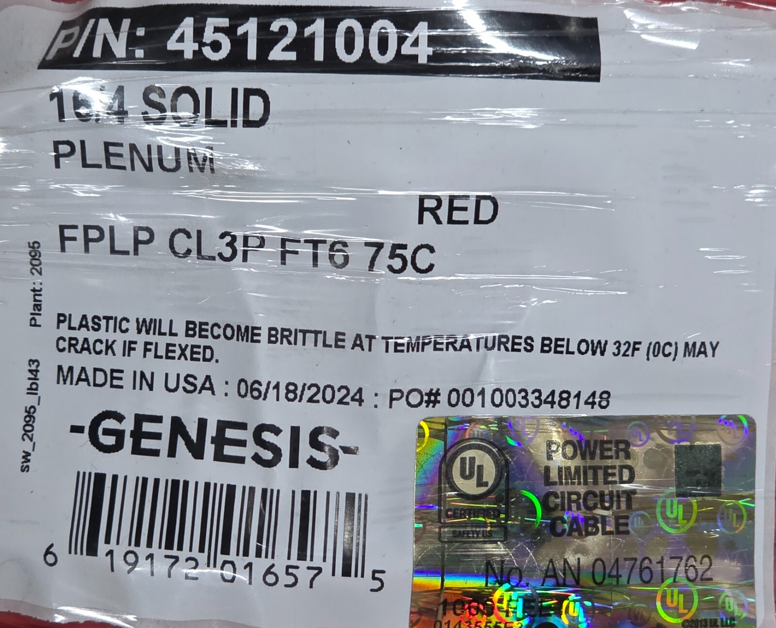 Southwire Genesis 4512 16/4C Solid Plenum Fire Alarm Cable FPLP Plenum Red/100ft