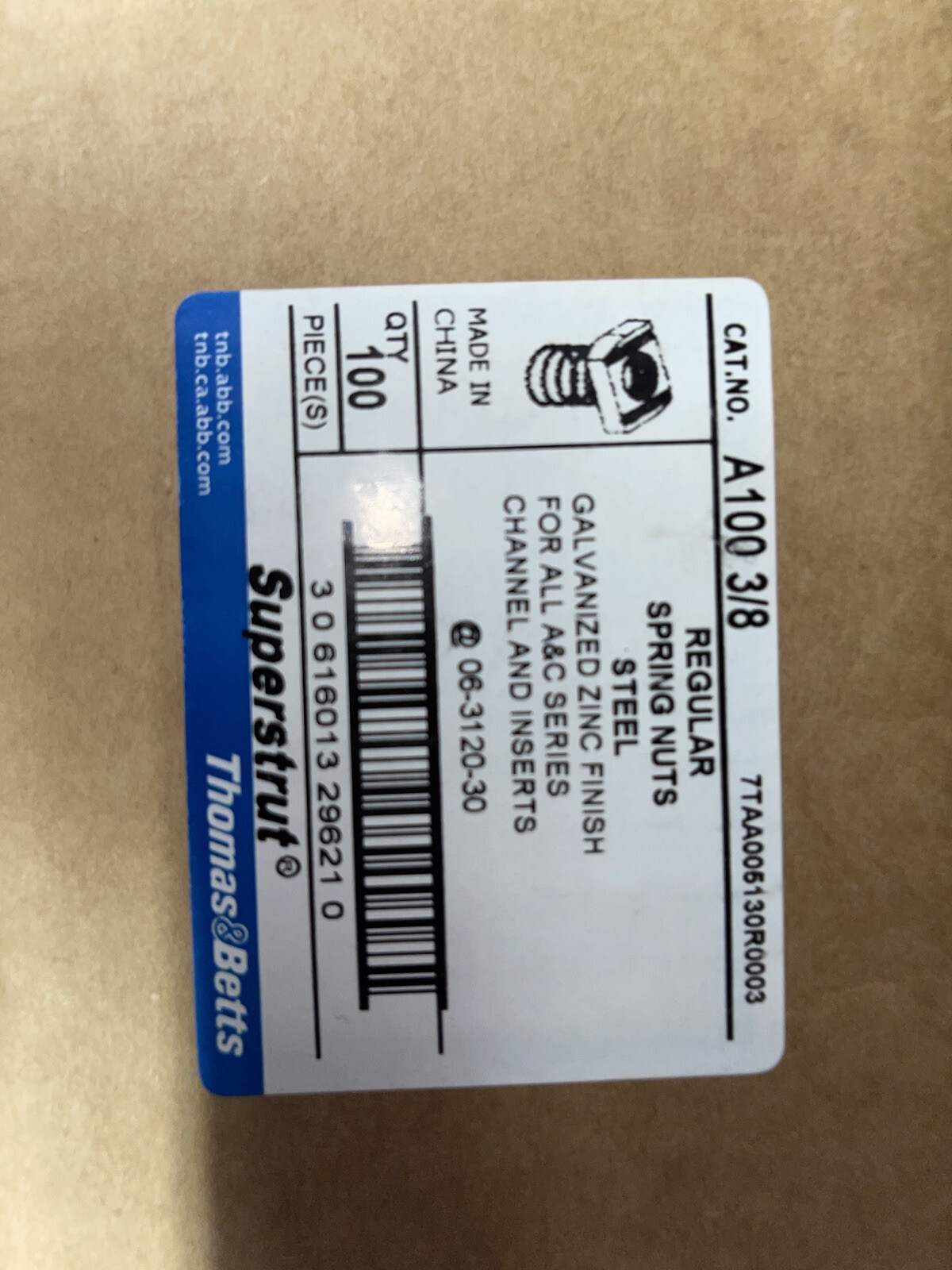 100-Thomas & Betts Superstrut A100 3/8 Steel Spring Nut