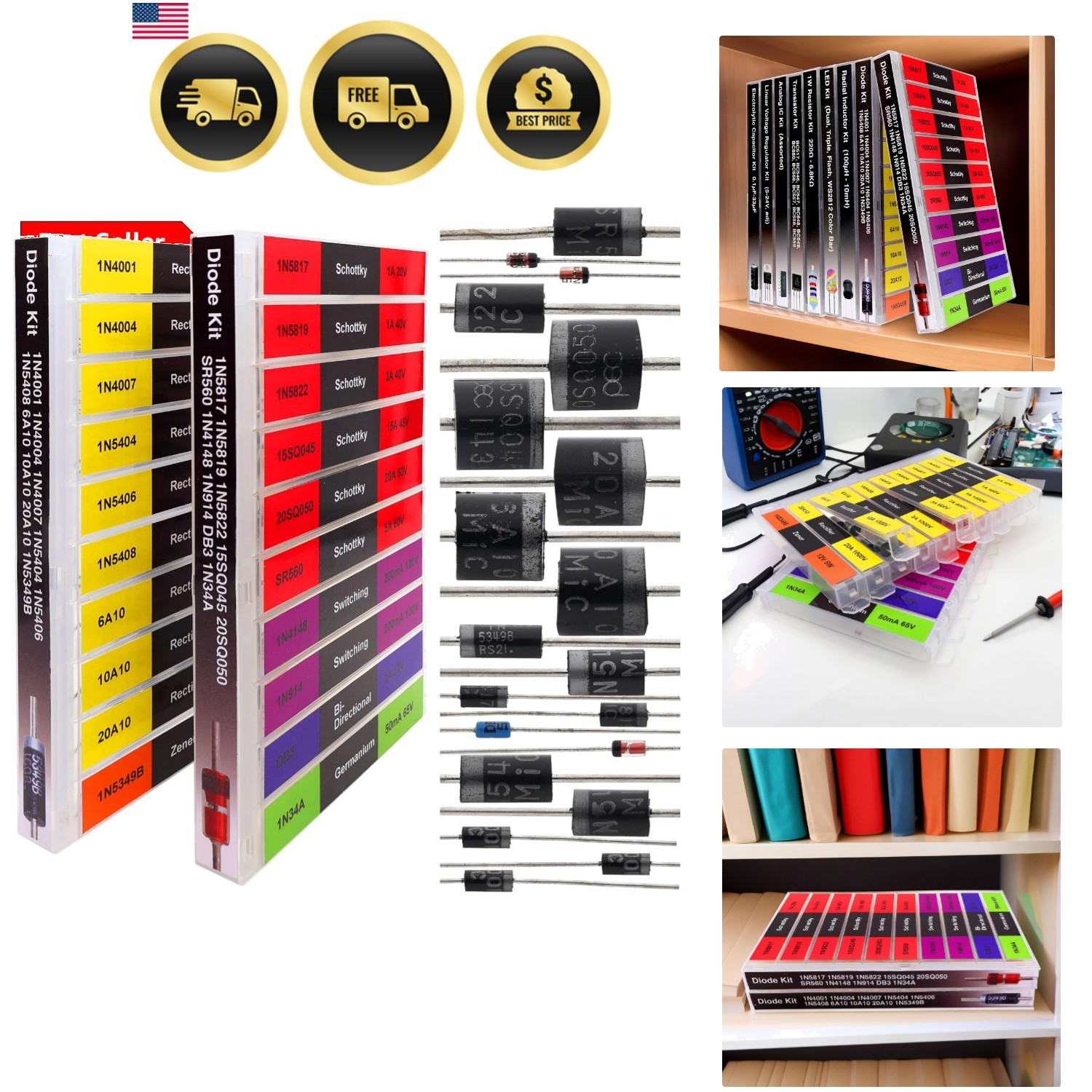 20 Kinds 200 Diode Assortment Kit 6A10 10A10 20A10 15SQ045 20SQ050 1N34A 1N91...