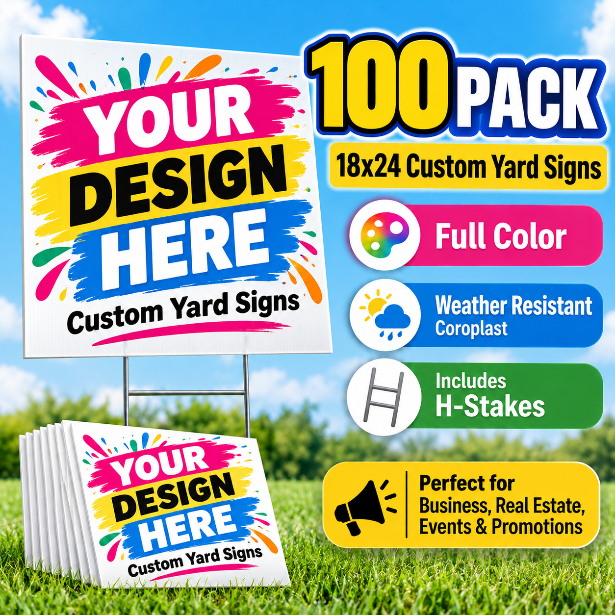 100 18x24 Full Color, Double Sided Custom Yard Signs + Stakes 100 18x24 Full Color, Double Sided Custom Yard Signs + Stakes