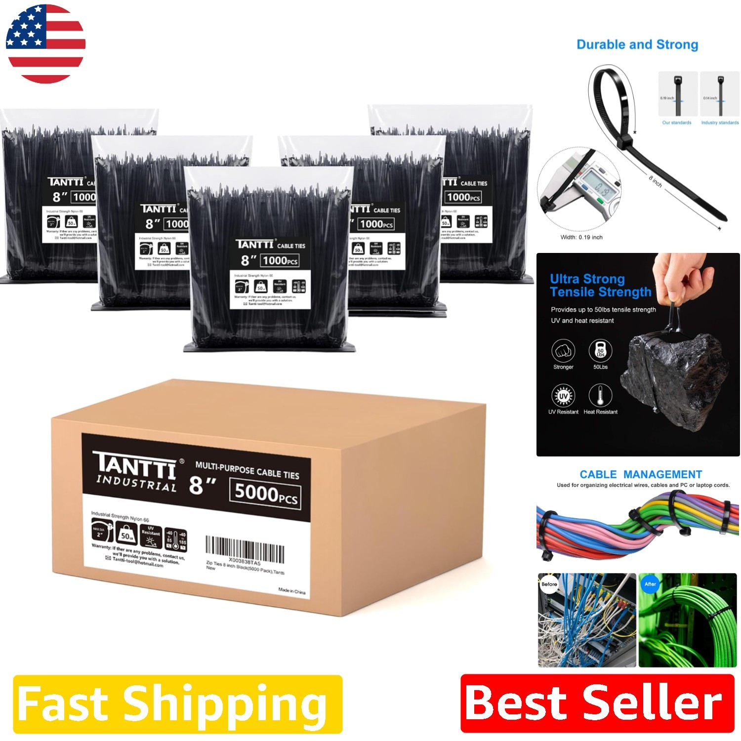 Professional 8 Inch Black Zip Ties 5000 - UV Resistant, 50lb Tensile Strength