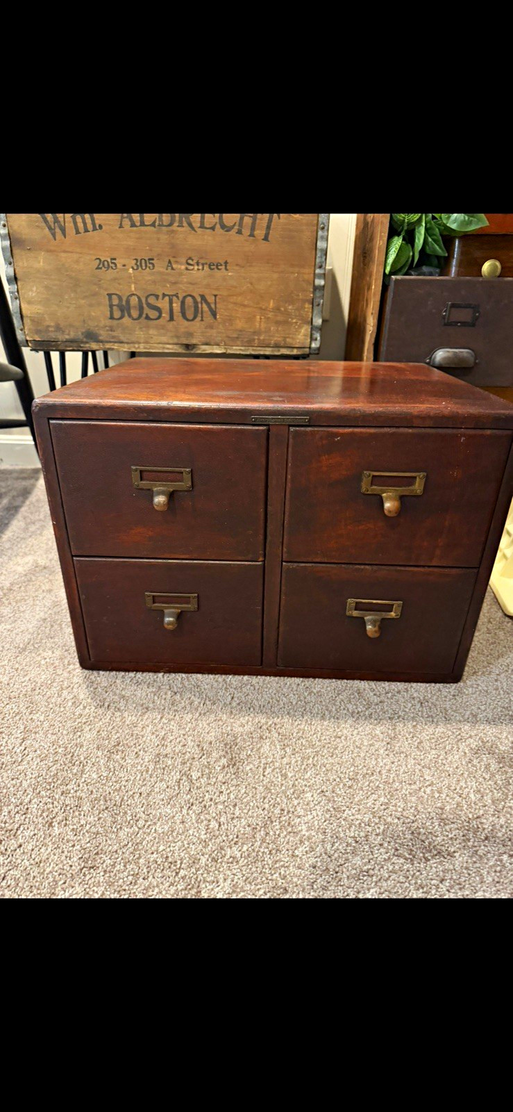 Vintage Wood Lateral 4-Drawer card Filing Cabinet with Label Pulls
