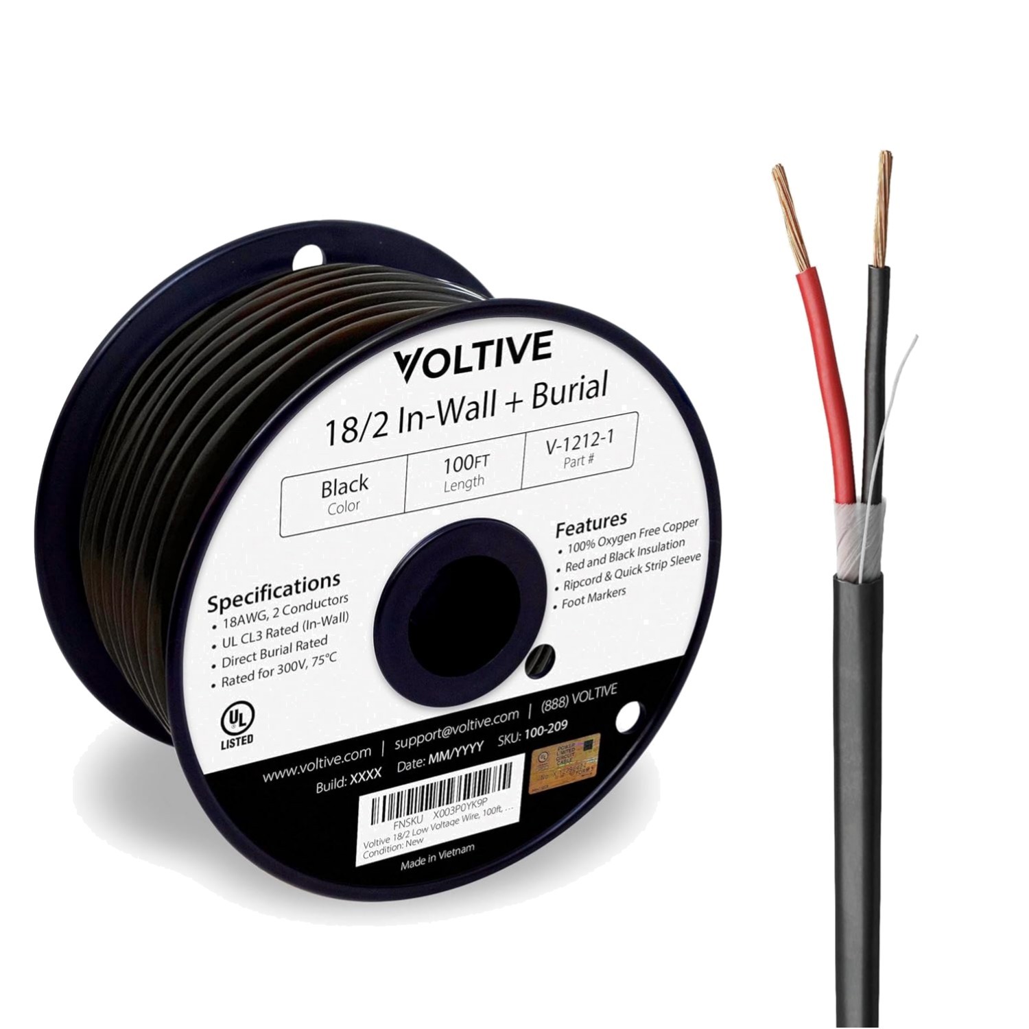 18/2 Low Voltage Wire, in-Wall CL3 & Direct Burial, Black, 100ft - 18AWG, 2 C...