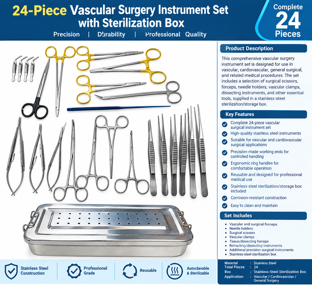 Vascular Surgical Comprehensive Tool Set of 24-Pcs & premium Sterilization Box