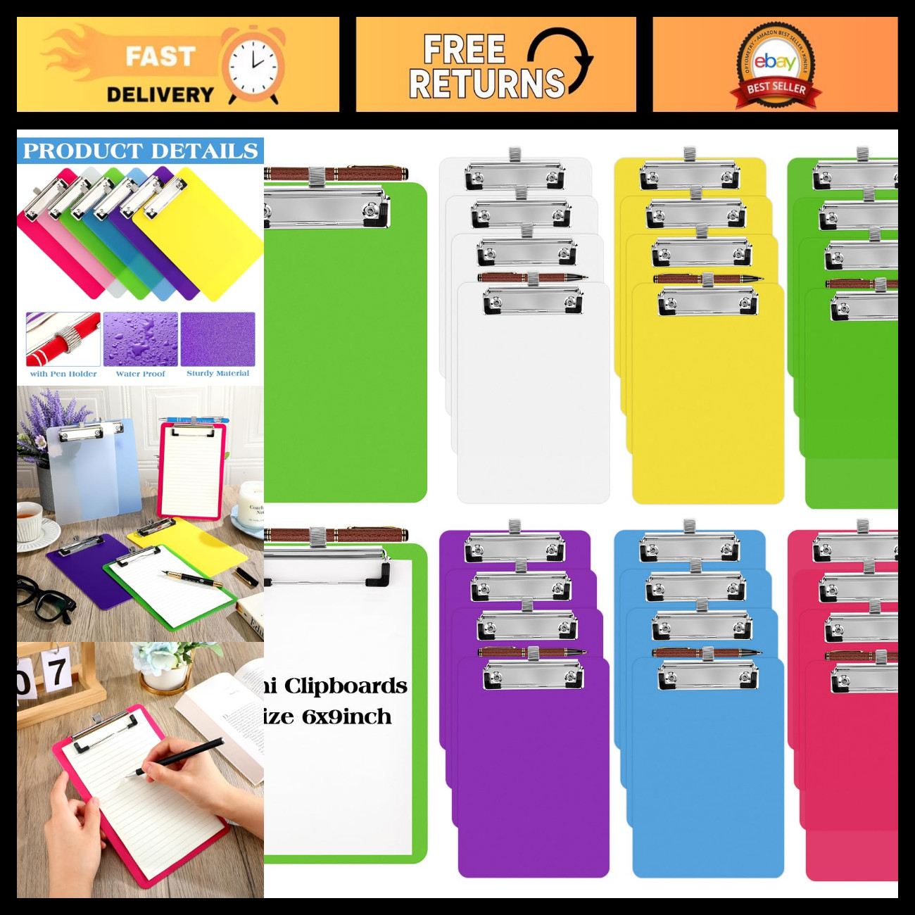 24 Pcs Mini Clipboards 6x9 with Pen Holder - Colorful Plastic Memo Boards