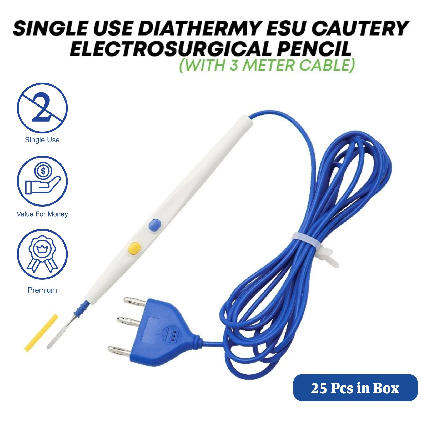 Diathermy ESU Cautery Electrosurgical Pencil with Blade Electrode Box of 25 Pcs