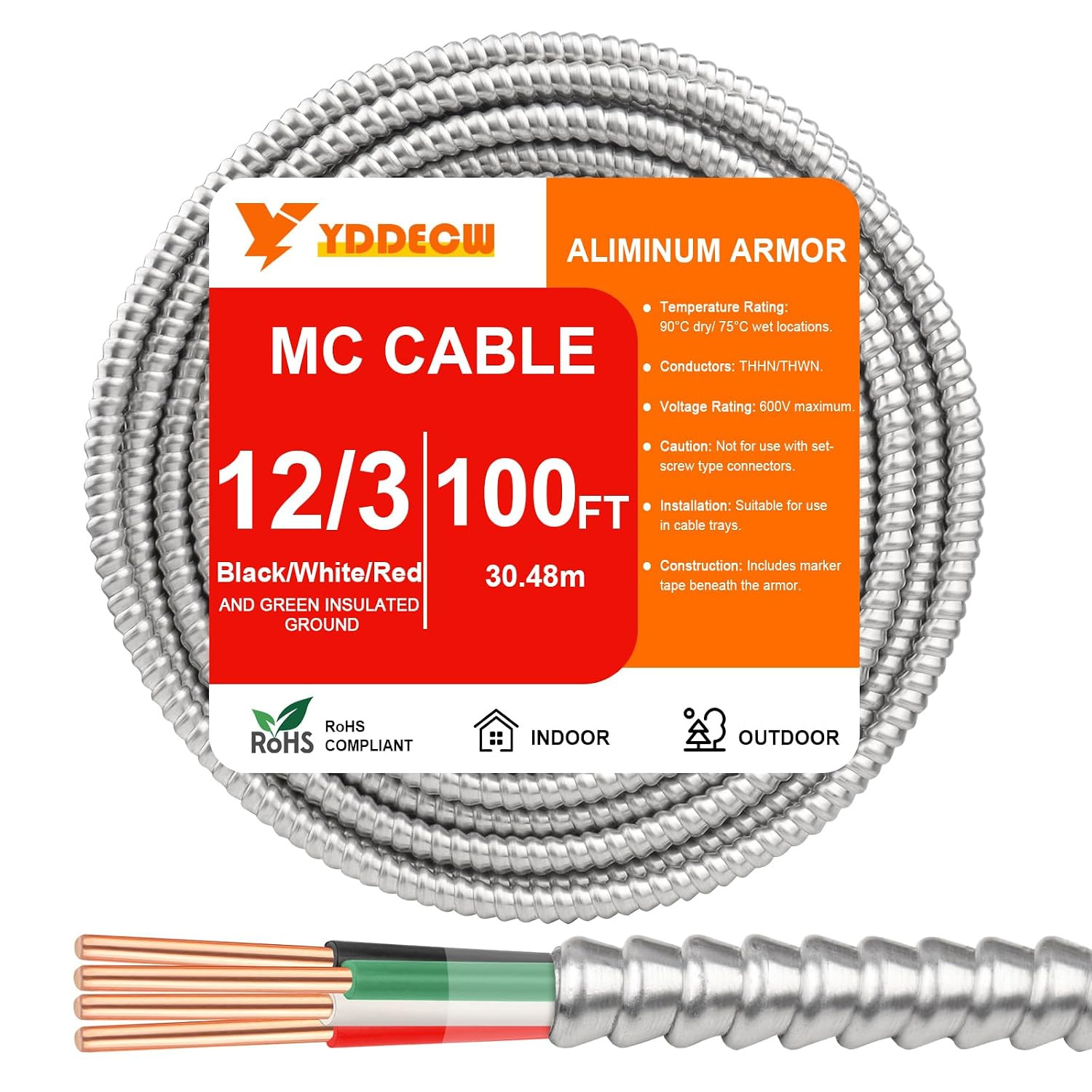 100FT 12/3 Metal Clad (MC) Cable with Ground, 12 Gauge Electric Wire with Alumin