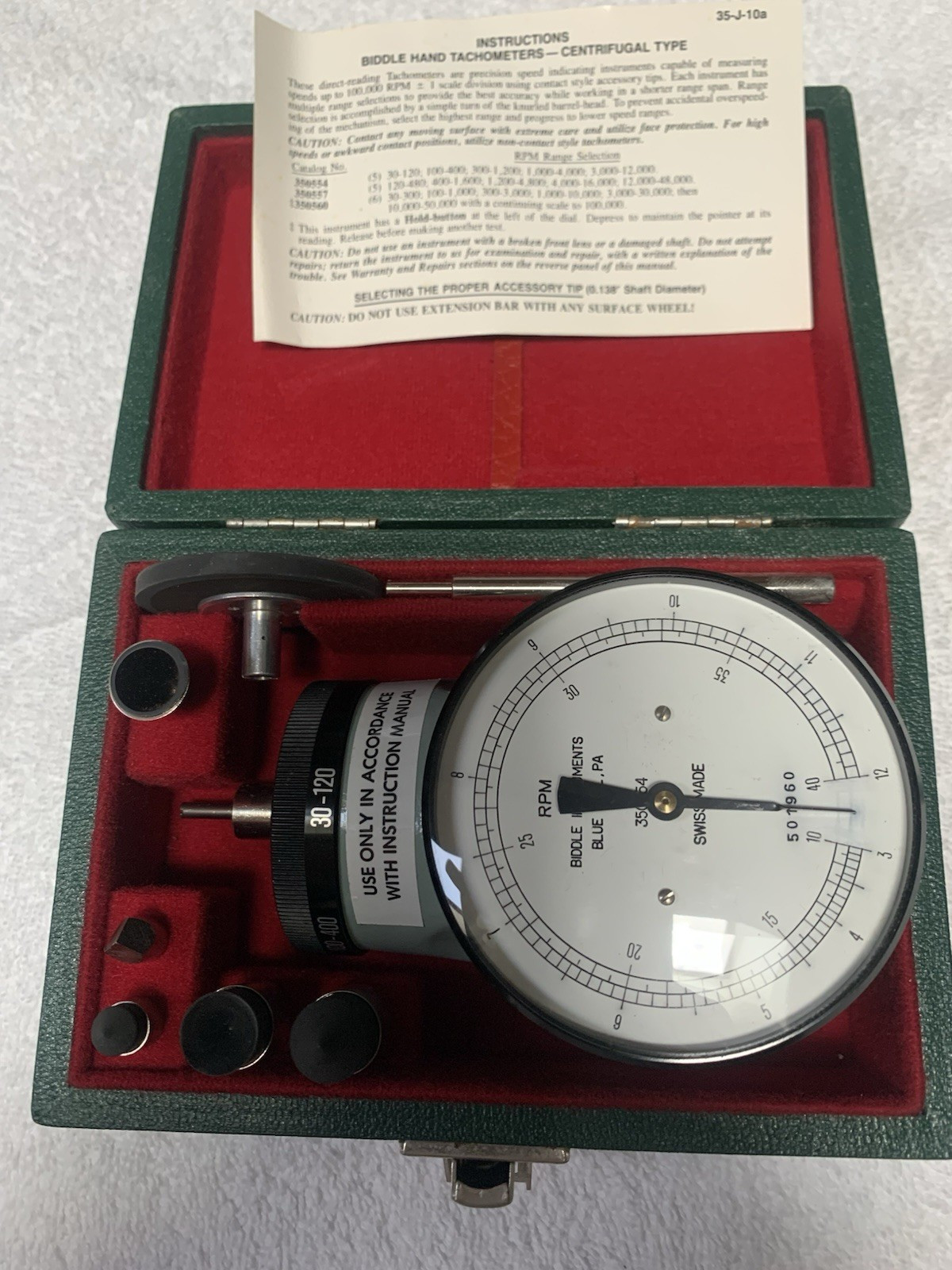 BIDDLE INSTRUMENTS CENTRIFUGAL TYPE HAND TACHOMETER 350554 Swiss Made New w/Box