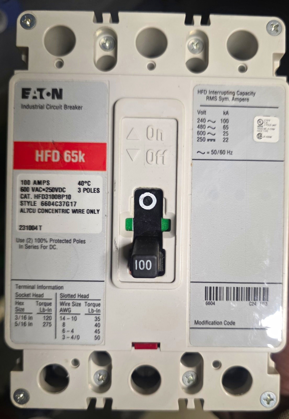 Eaton HFD 65k 100A 3-Pole Circuit Breaker 600Vac/250Vdc HFD3100BP10 Eaton HFD 65k 100A 3-Pole Circuit Breaker 600Vac/250Vdc HFD3100BP10