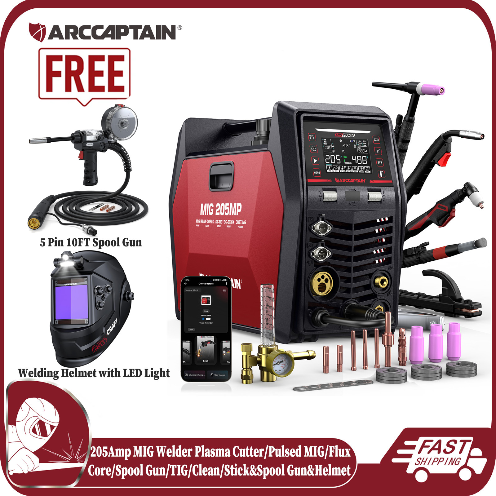 ARCCAPTAIN MIG205MP Pulse MIG Welder with Plasma Cutter Aluminum 9IN1 +Spool Gun ARCCAPTAIN MIG205MP Pulse MIG Welder with Plasma Cutter Aluminum 9IN1 +Spool Gun