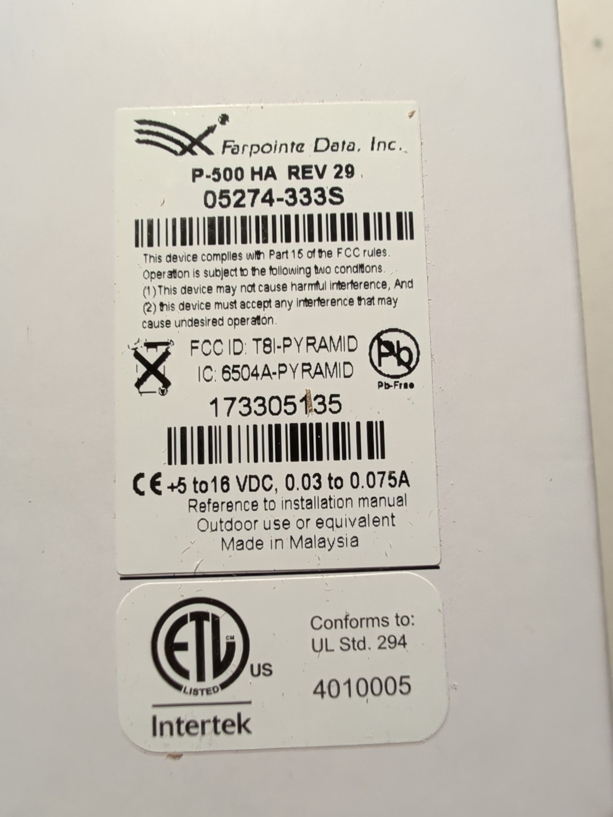 Farpointe Data P-500-HA REV29 Proximity Card Reader 
