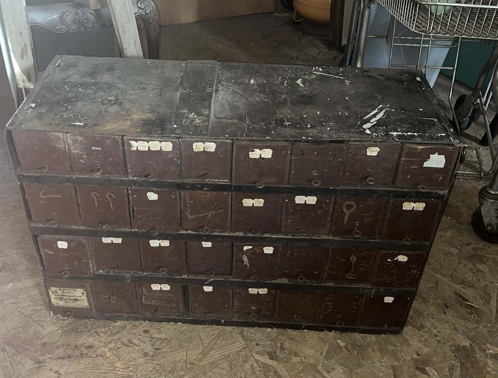 Vintage Primitive Hardware Store Parts Cabinet Handmade Cheese Box Drawers
