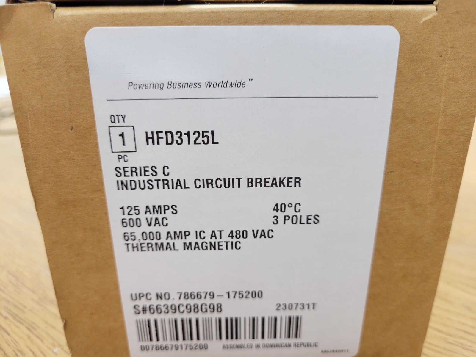 1Pc Circuit Breakers HFD3125L for HFD 3 Pole 125 Amp 600V 65k
