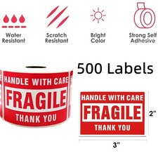 Fragile Stickers 1 Roll 500 2x3 Fragile Label Sticker Handle With Care Mailing picture