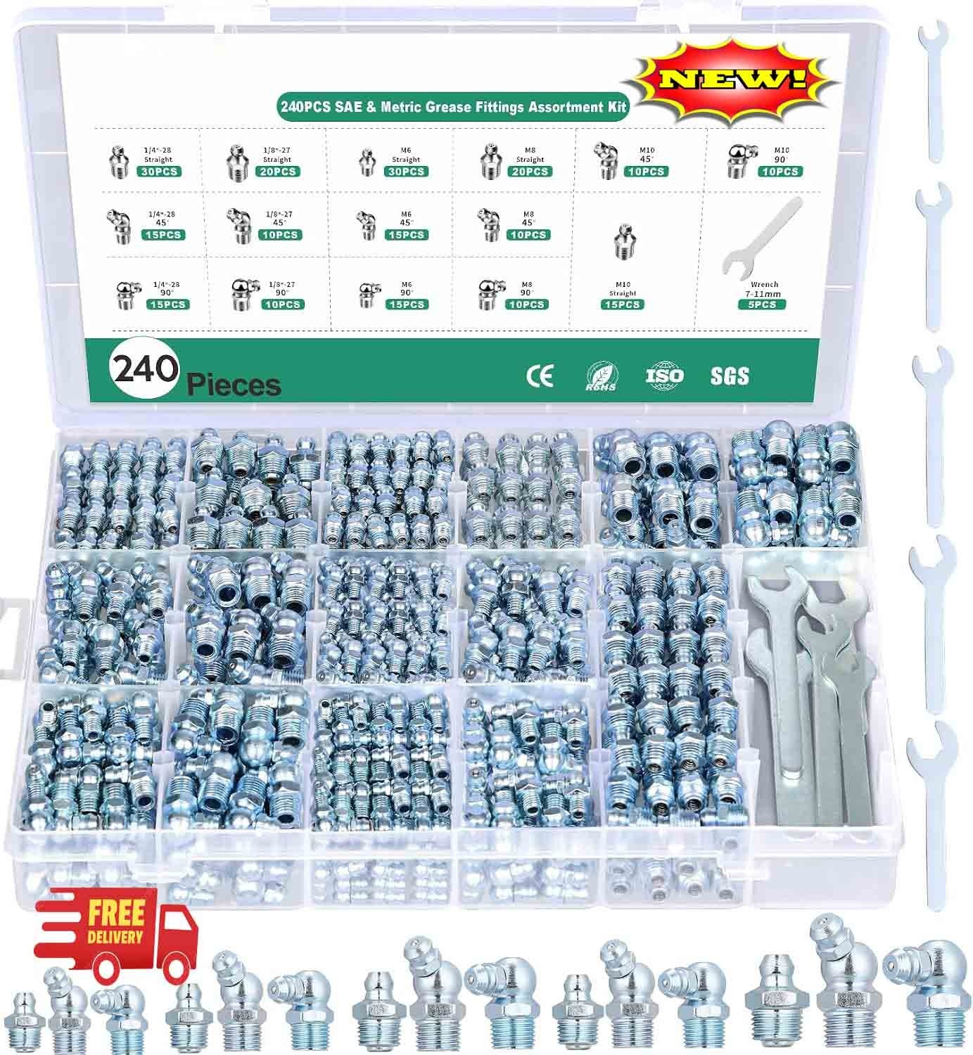 Kit surtido de 240 engrasadores (boquillas de engrase), tipo SAE y métrico, incl